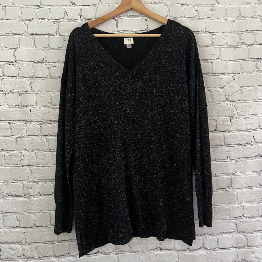A New Day Women XXL Black Multicolor Metallic Shimmer Career V-Neck Sweater